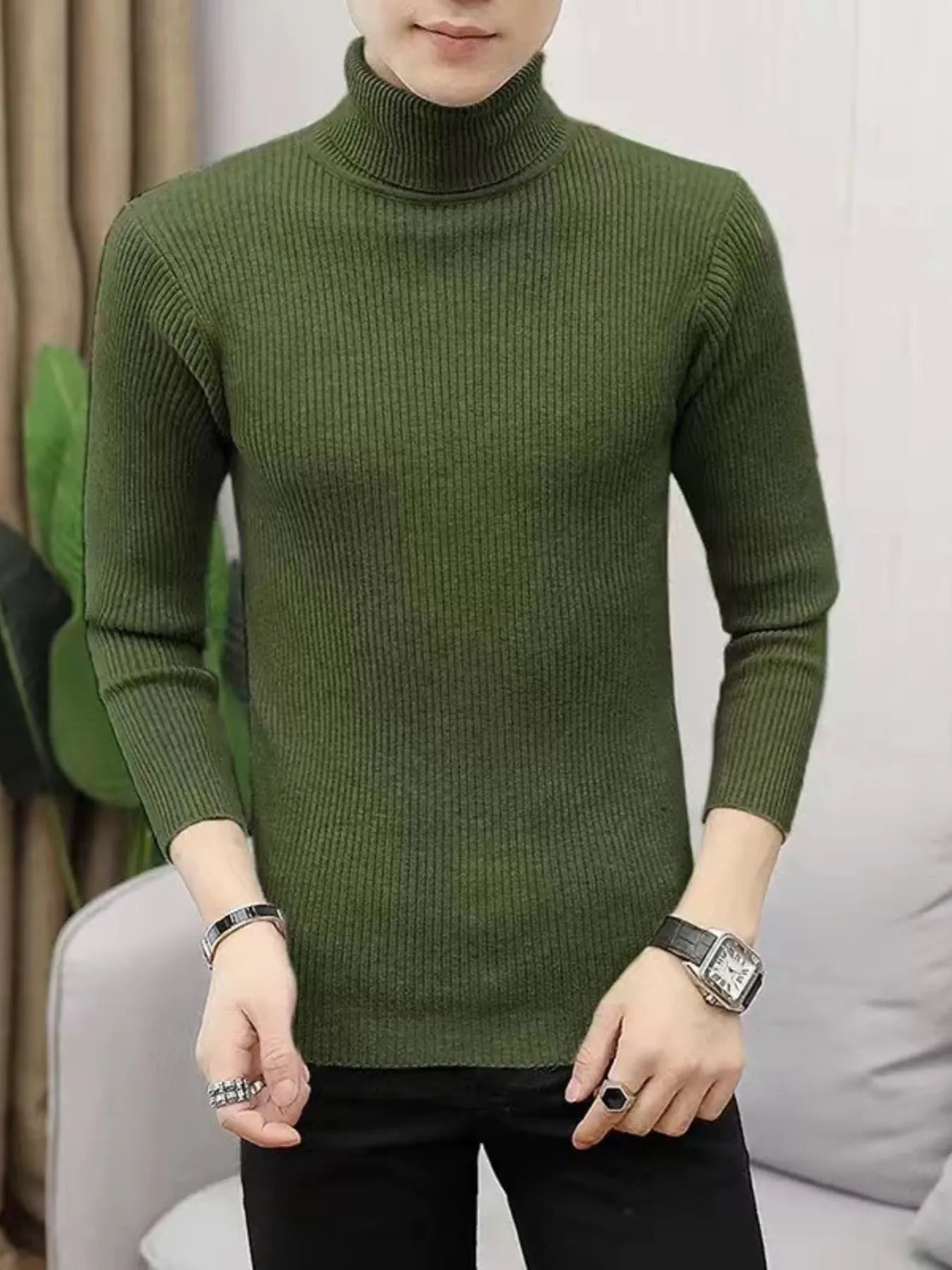 Men's Plus Size Ribbed Turtleneck Long Sleeve Sweater Black / M