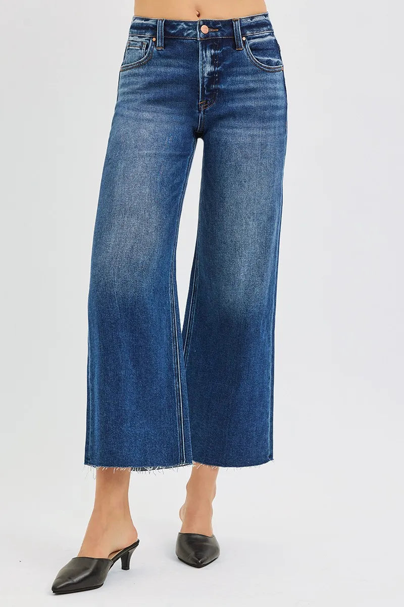 RISEN Full Size Mid Rise Crop Wide Raw Cut Hem Jeans Plus Size DARK / 0