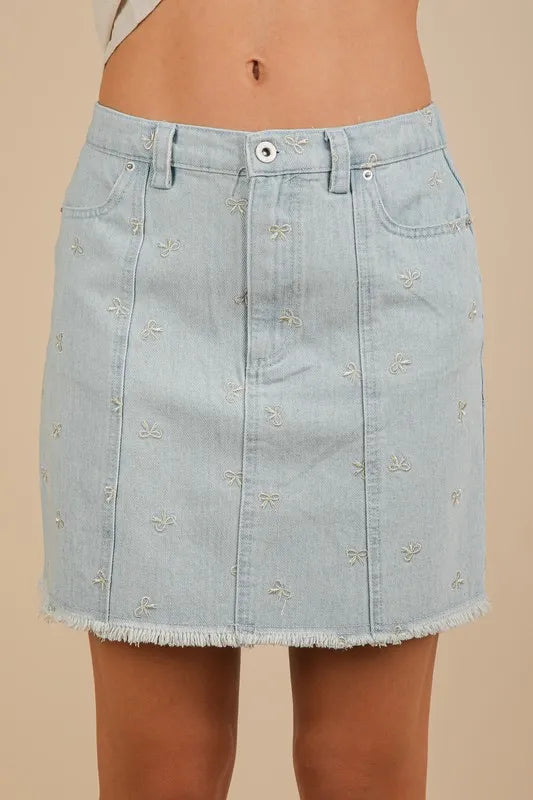 VERY J Bow Printed Casual Denim Mini Skirt Lt Indigo / S