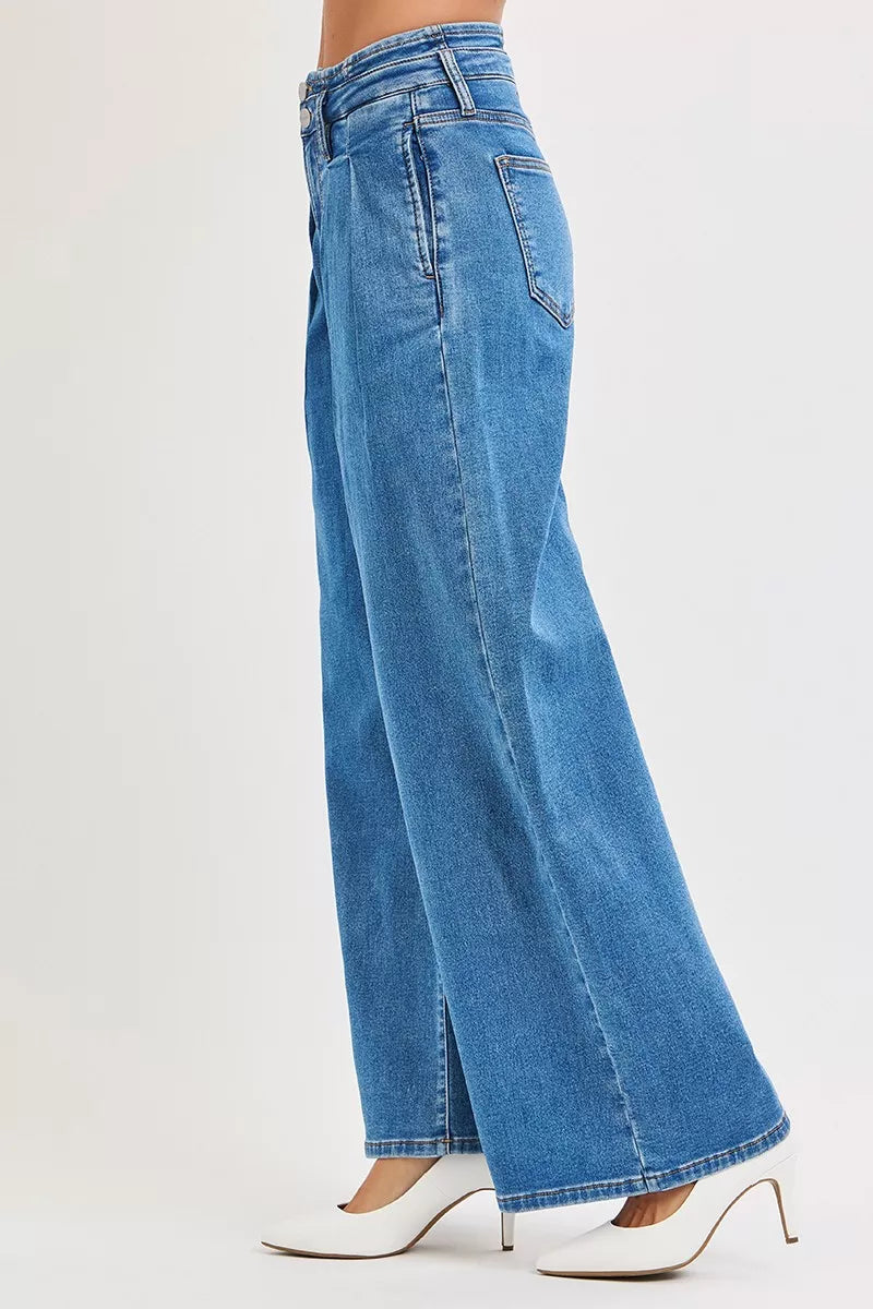 RISEN Full Size Mid Rise Fit Wide Leg with Pleated Detail Jeans Plus Size MEDIUM / 0
