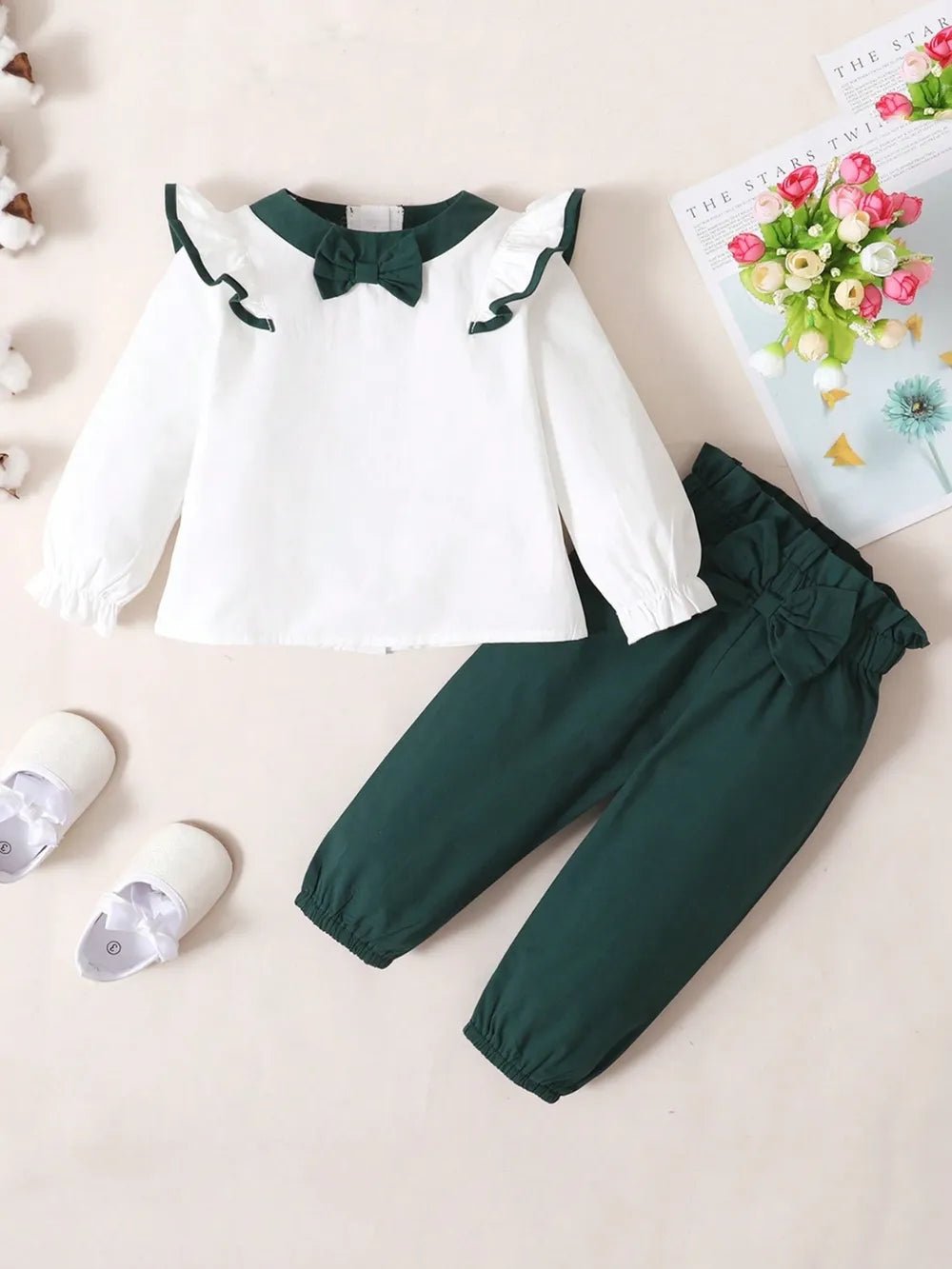 Children's Contrast Ruffled Top and Pants Set White/Green / 12-18M