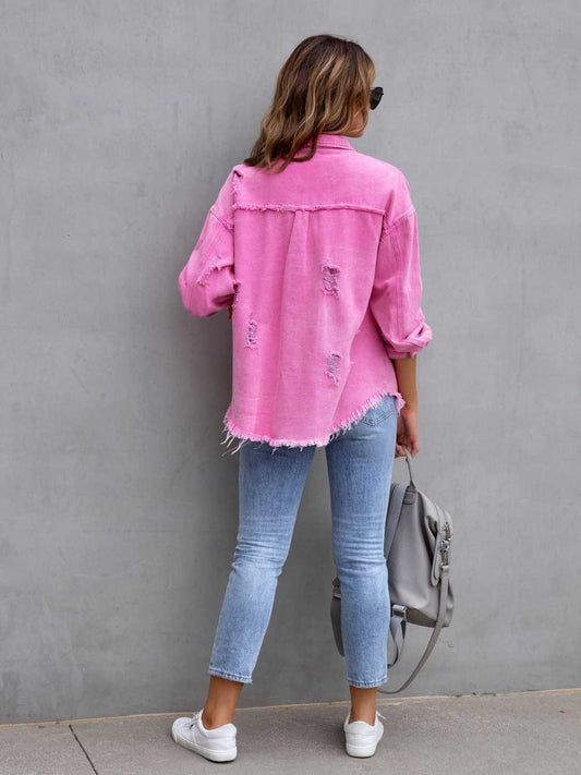 Distressed Drop Shoulder Denim Jacket Fuchsia Pink / S