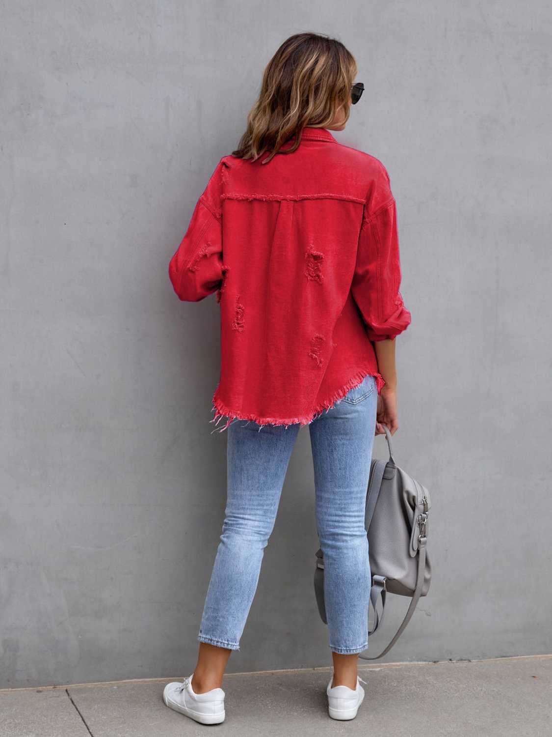 Distressed Drop Shoulder Denim Jacket Fuchsia Pink / S