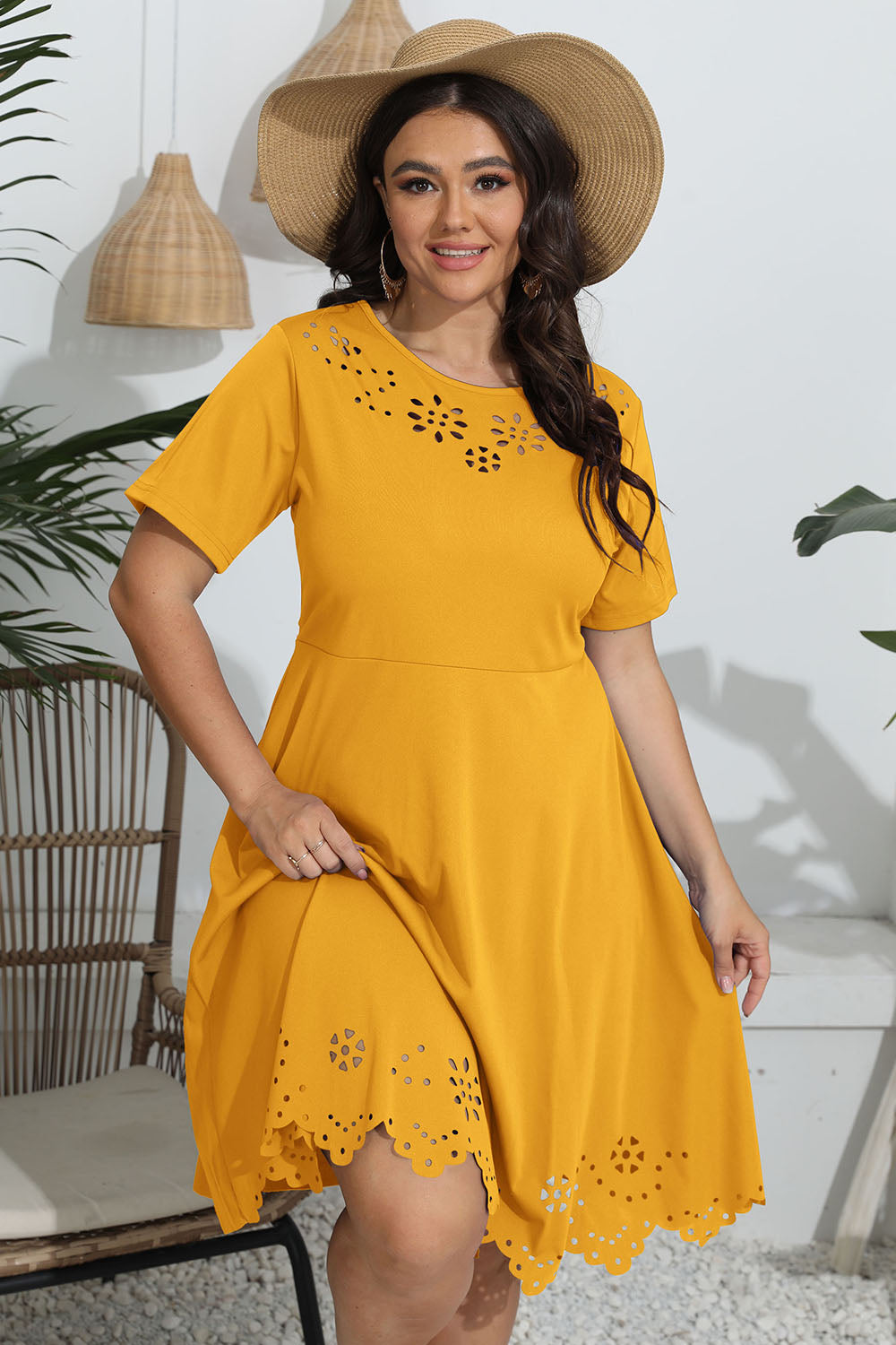 Plus Size Round Neck Openwork Dress Deep Red / L