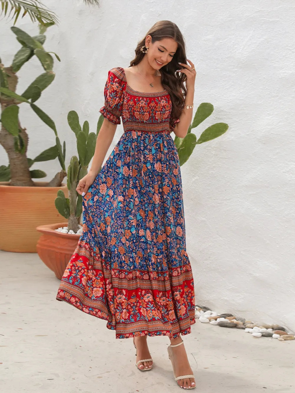 Floral Flounce Sleeve Midi Dress Caramel / S