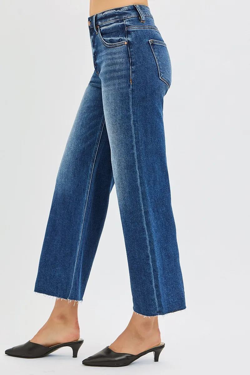 RISEN Full Size Mid Rise Crop Wide Raw Cut Hem Jeans Plus Size DARK / 0