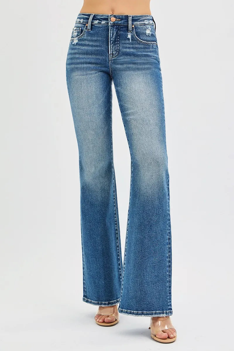 RISEN Full Size Tummy Control High Rise Flare Jeans Plus Size DARK / 0