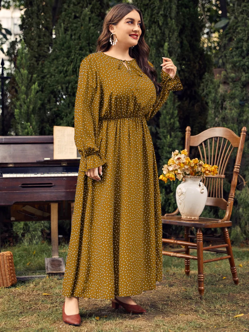 Honey Plus Size Ruffled Polka Dot Long Sleeve Midi Dress Navy / 0XL