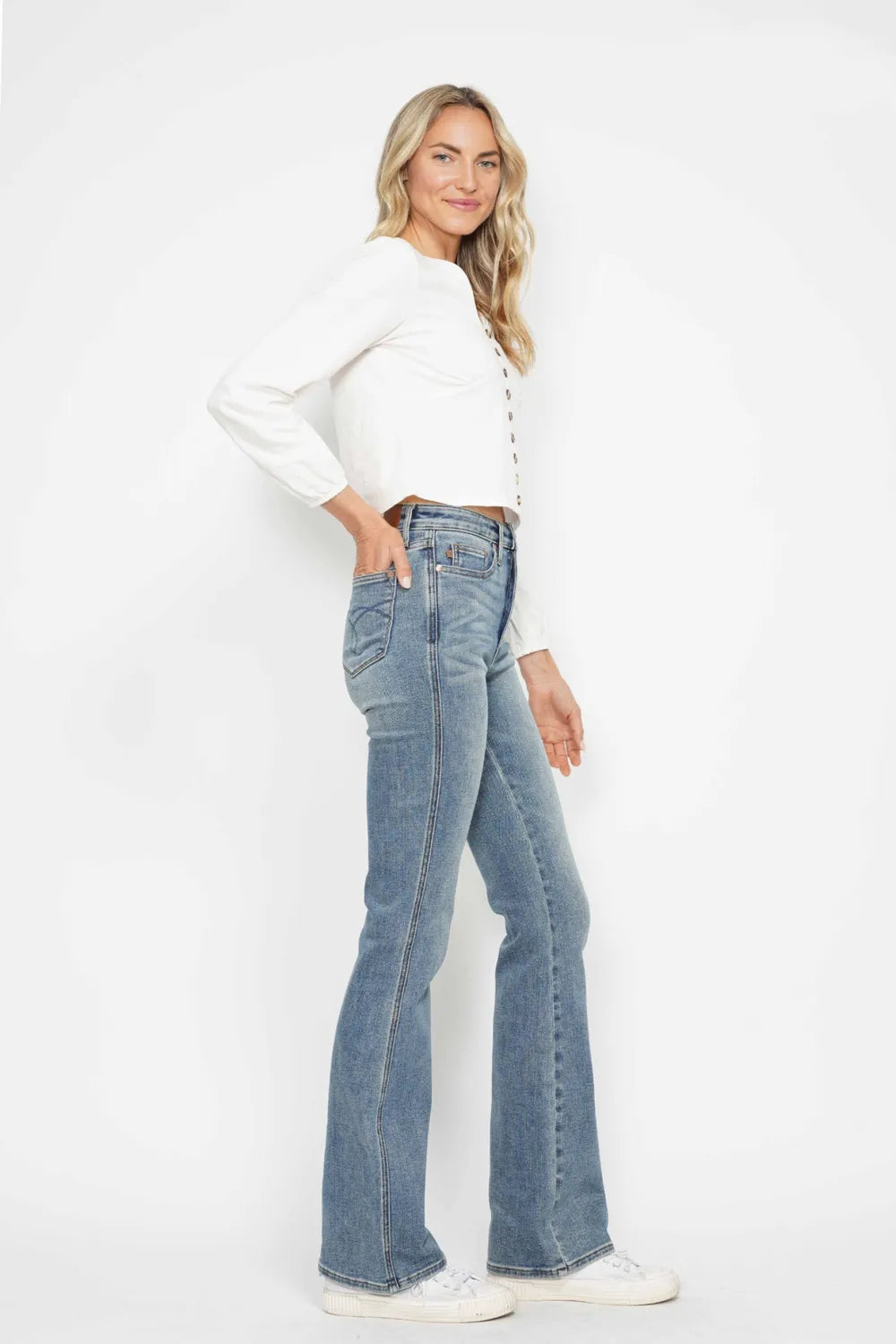 Judy Blue Full Size Tummy Control Back Embroidered Pocketed Bootcut Jeans Plus Size SHORT INSEAM / 0/24