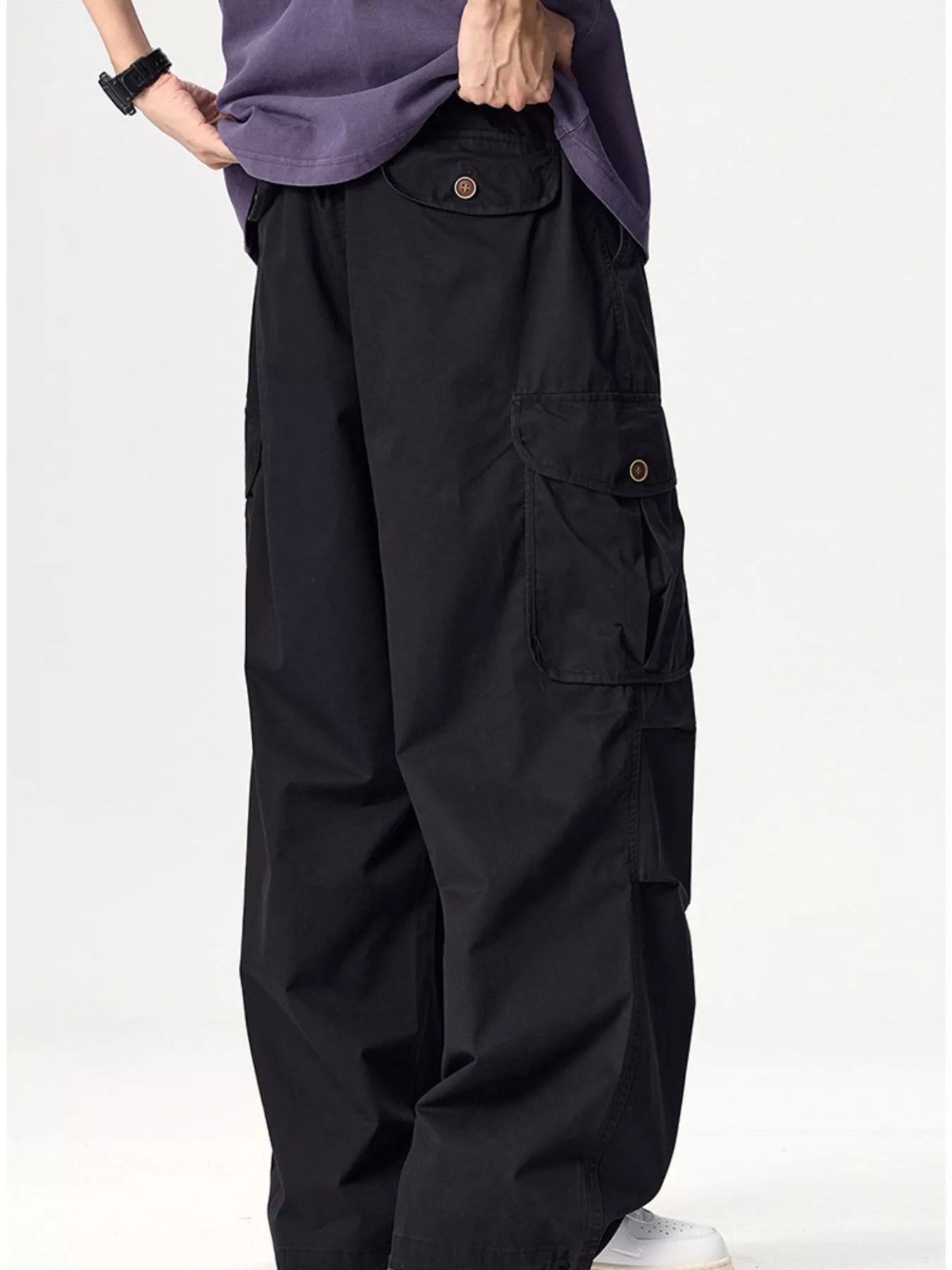 Men's Plus Size Drawstring Wide Leg Cargo Pants Deep Khaki / M