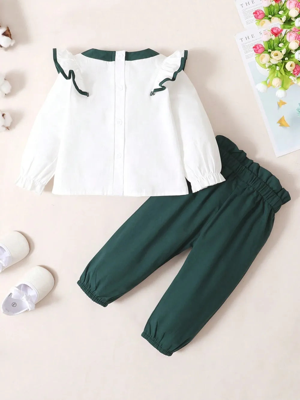 Children's Contrast Ruffled Top and Pants Set White/Green / 12-18M