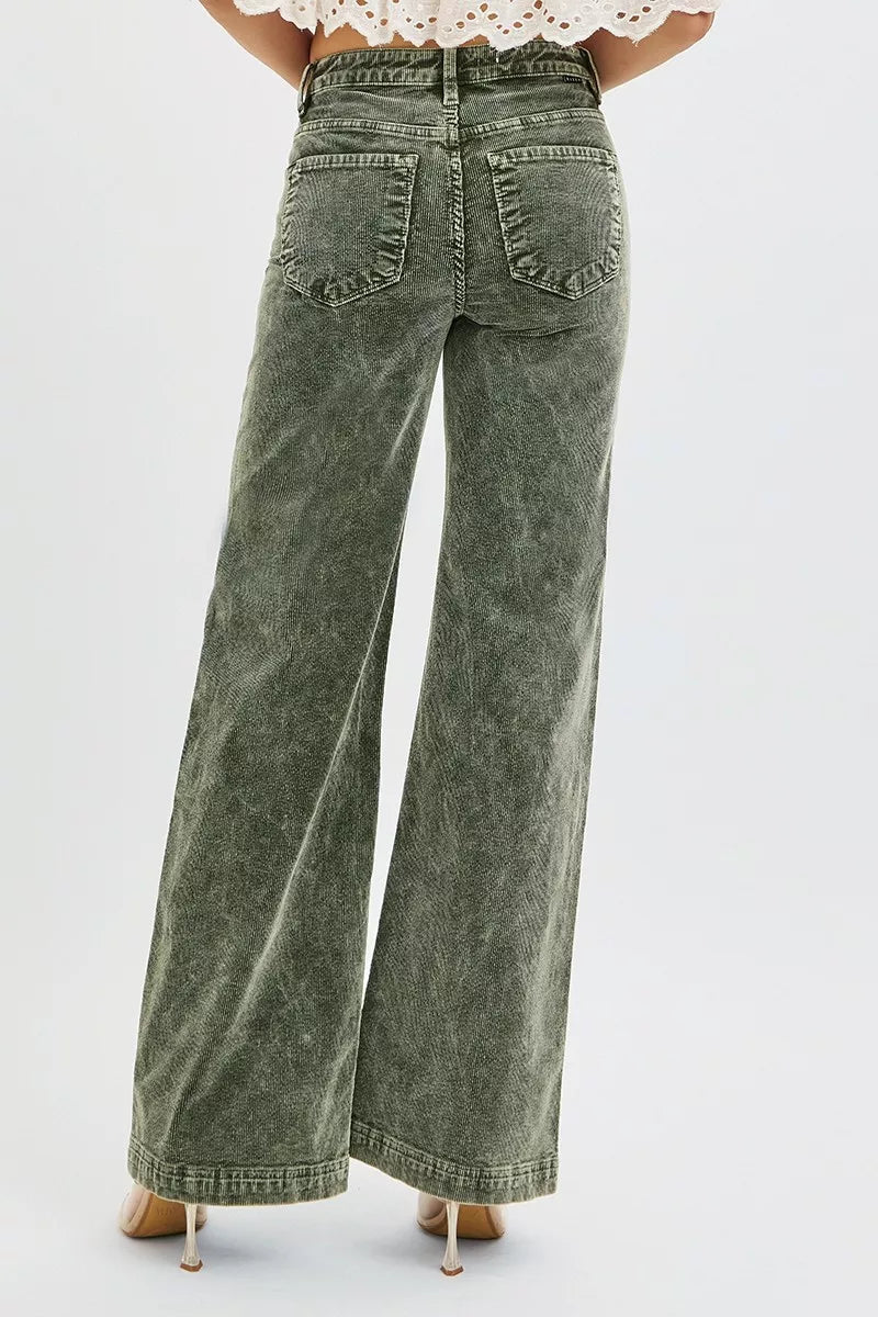 RISEN Full Size High Rise Wide Leg Corduroy Jeans Plus Size FOREST / 0