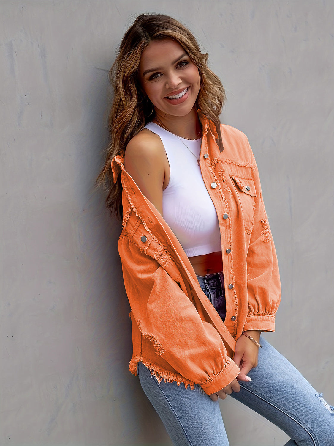 Distressed Drop Shoulder Denim Jacket Fuchsia Pink / S