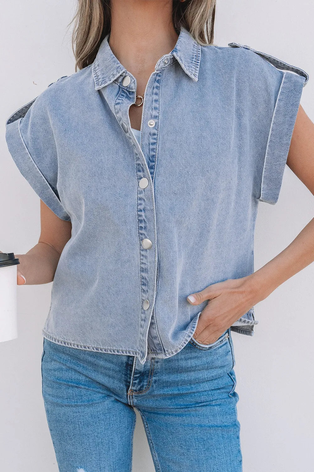 Snap Down Cap Sleeve Denim Top Light Blue / S