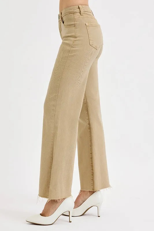 RISEN Full Size Raw Hem Wide Leg Jeans Plus Size Tan / 0(24)
