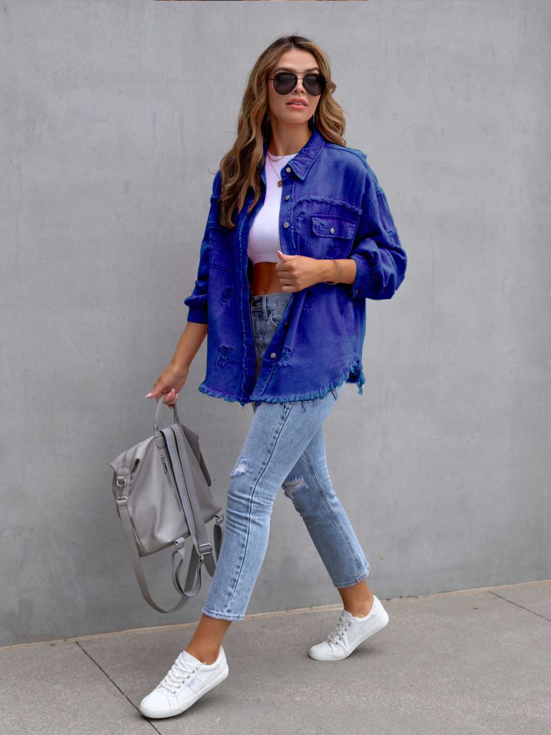 Distressed Drop Shoulder Denim Jacket Fuchsia Pink / S
