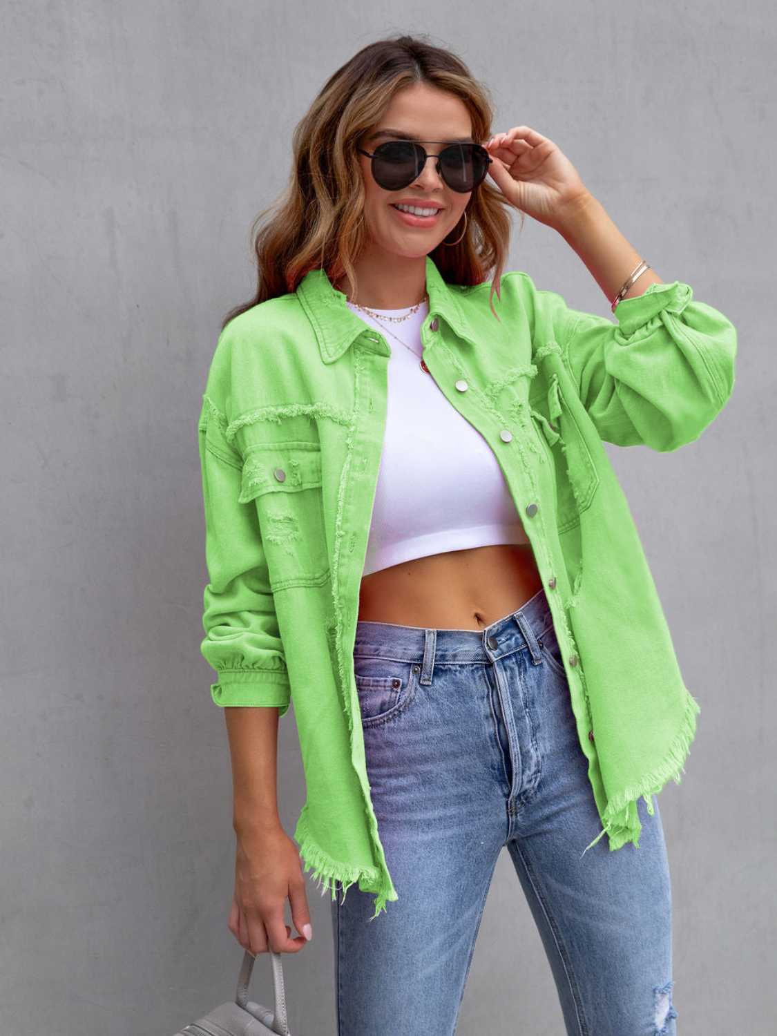 Distressed Drop Shoulder Denim Jacket Fuchsia Pink / S