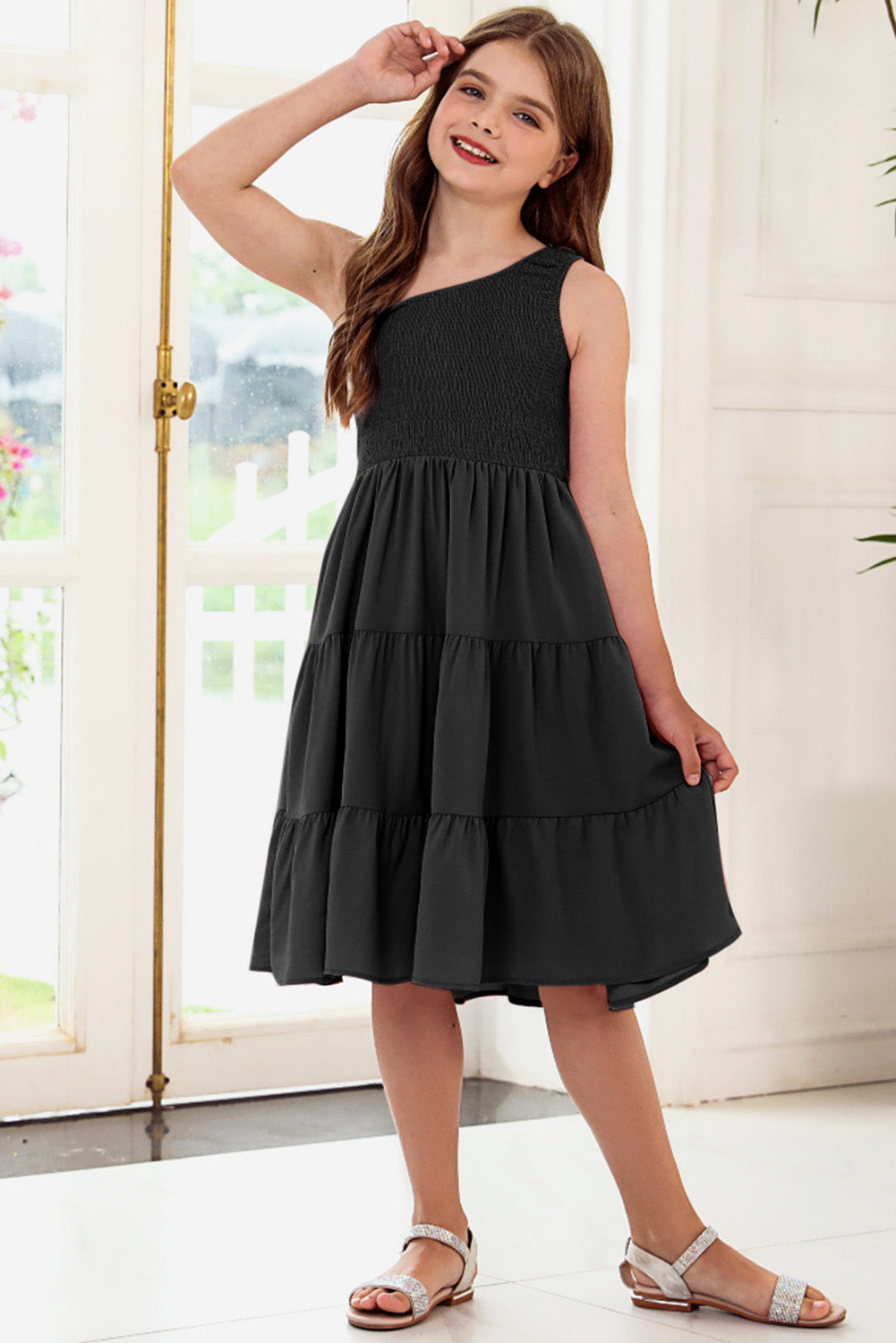 Plus Size One-Shoulder Sleeveless Tiered Dress Black / M