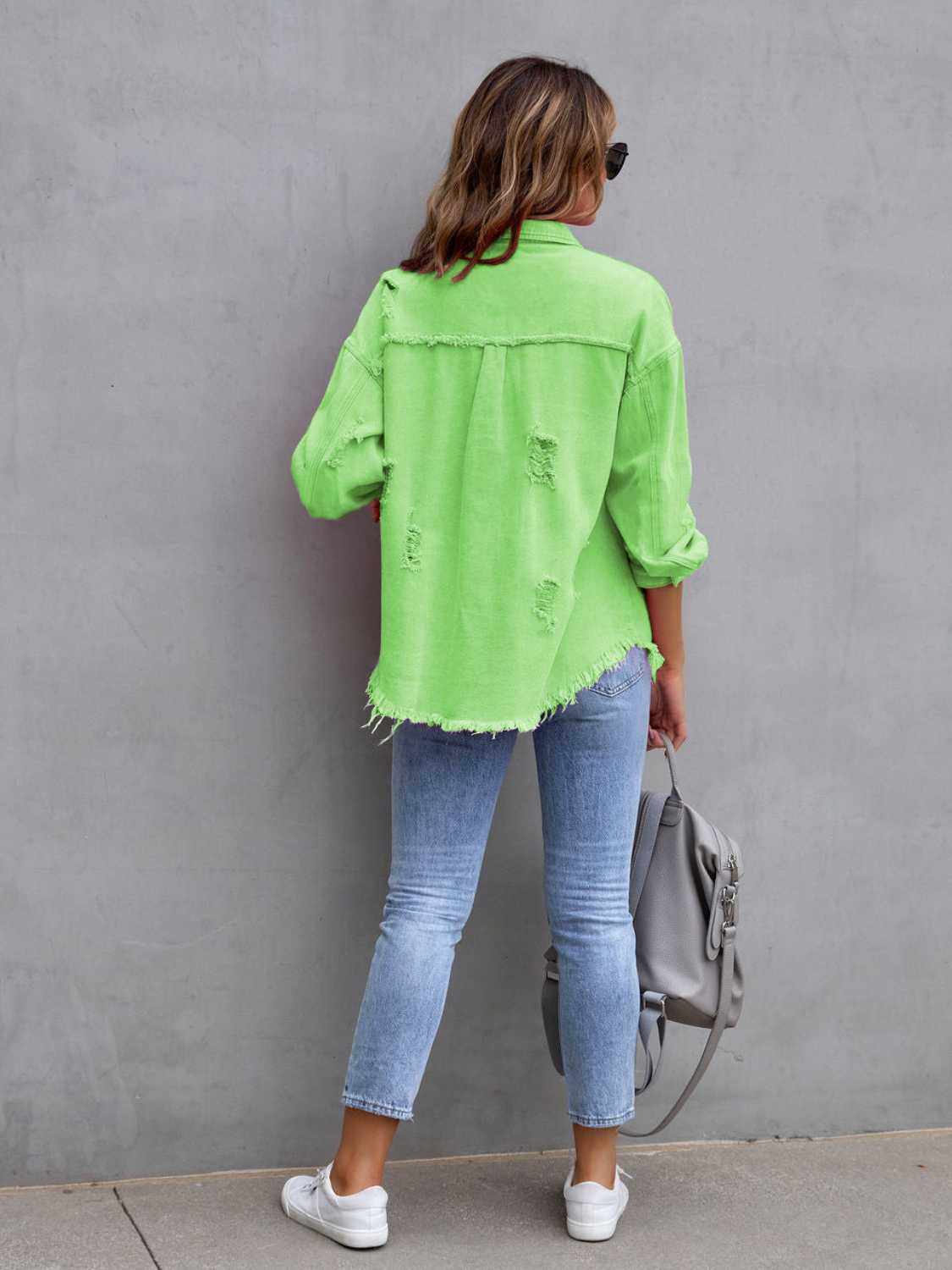 Distressed Drop Shoulder Denim Jacket Fuchsia Pink / S