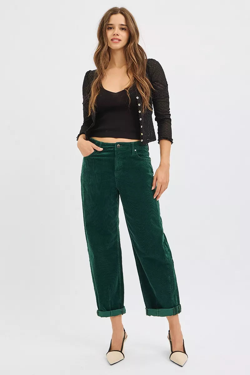 RISEN High Rise Crop Barrel Cordurory Pants HUNTER GREEN / 0