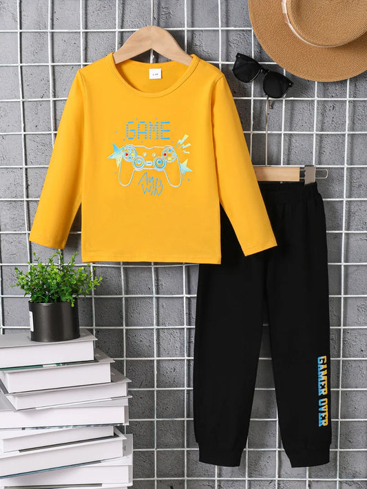 Kids Graphic Round Neck Long Sleeve Top and Pants Set Gold / 2-3