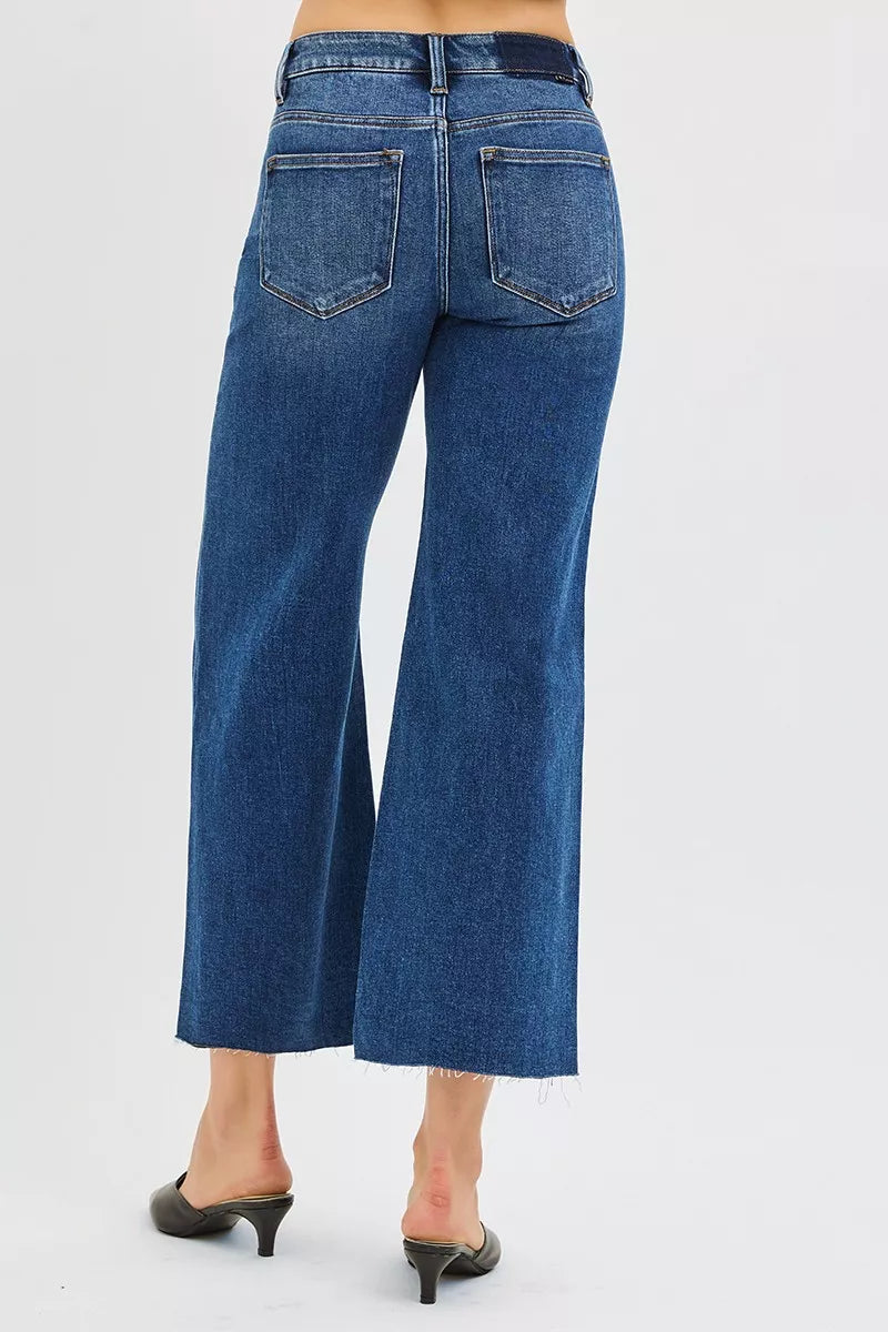RISEN Full Size Mid Rise Crop Wide Raw Cut Hem Jeans Plus Size DARK / 0