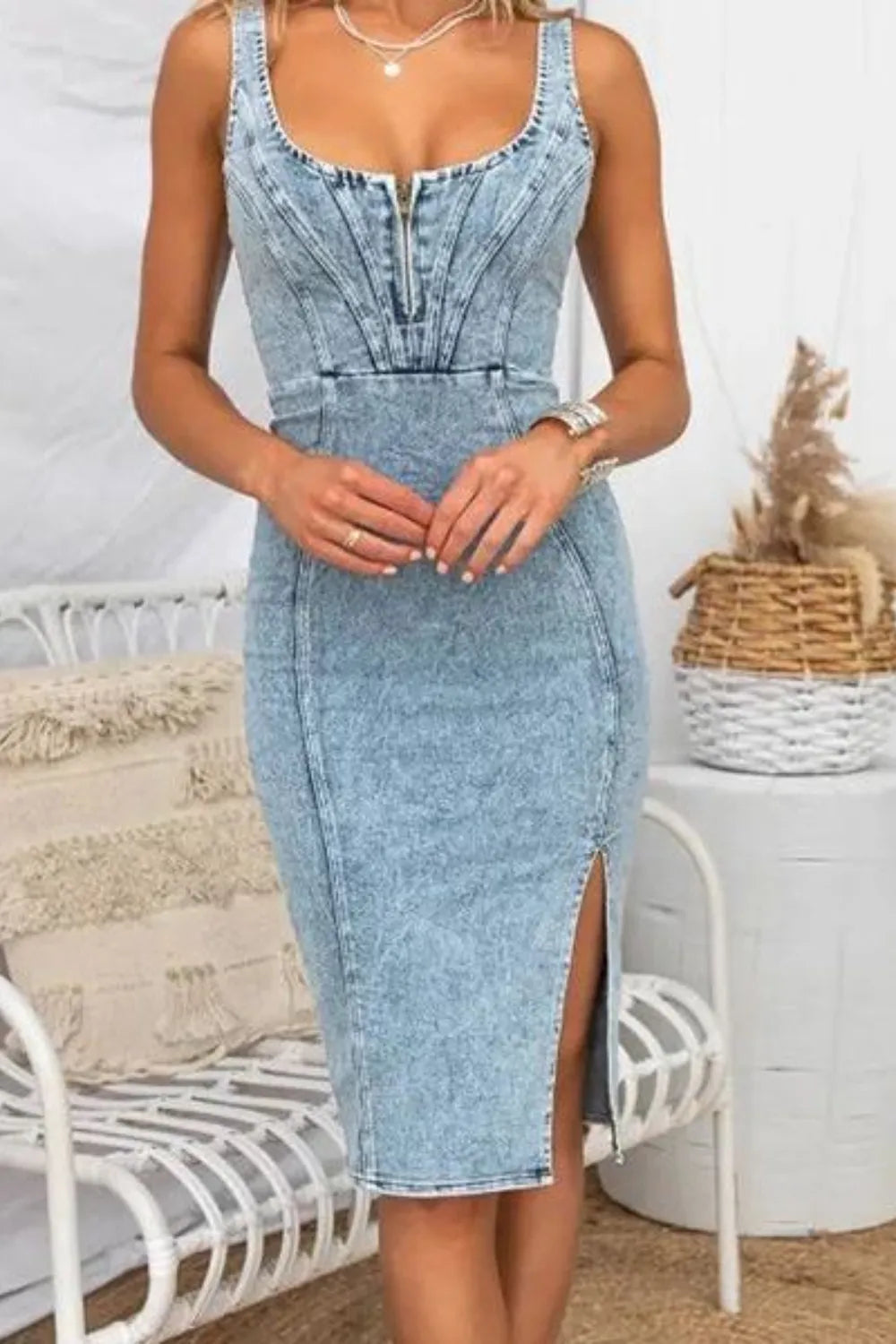 Side Slit Washed Scoop Neck Denim Dress Black / S