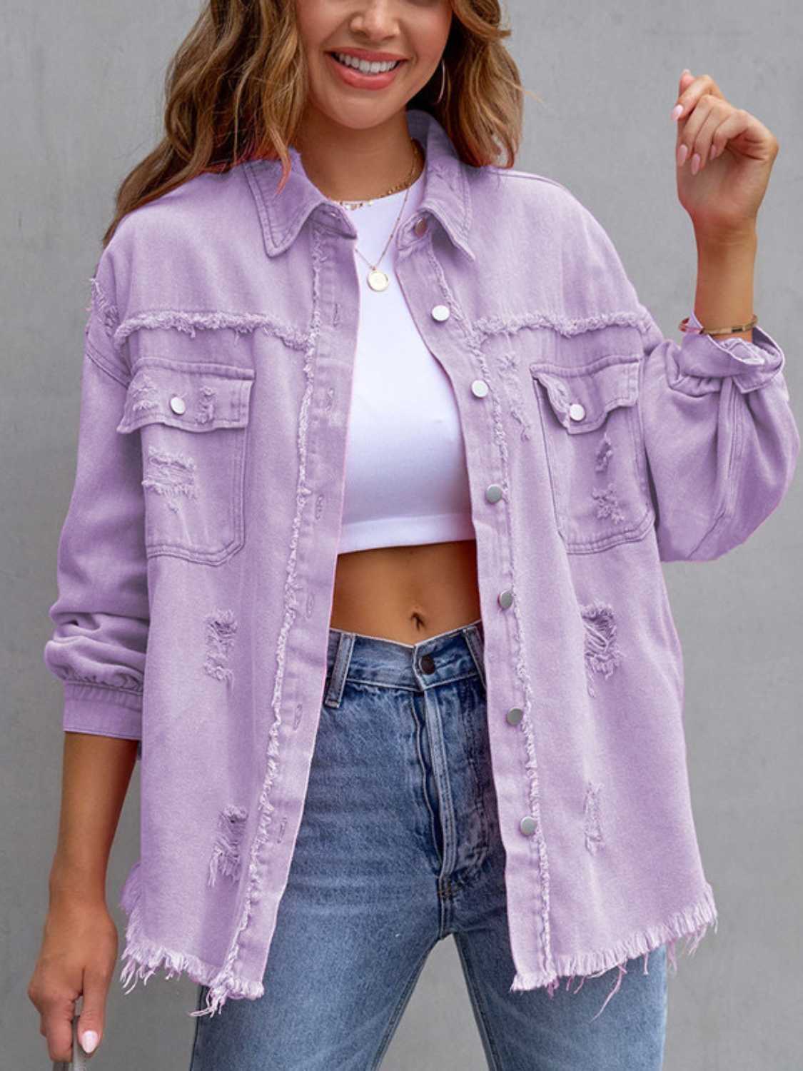 Distressed Drop Shoulder Denim Jacket Fuchsia Pink / S