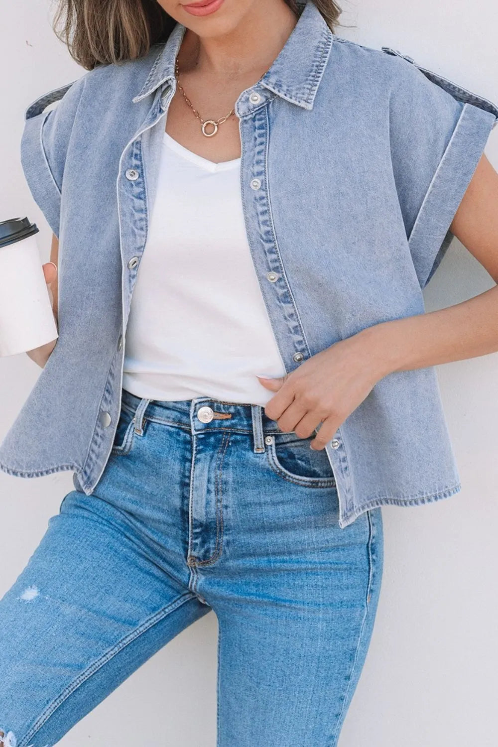 Snap Down Cap Sleeve Denim Top Light Blue / S