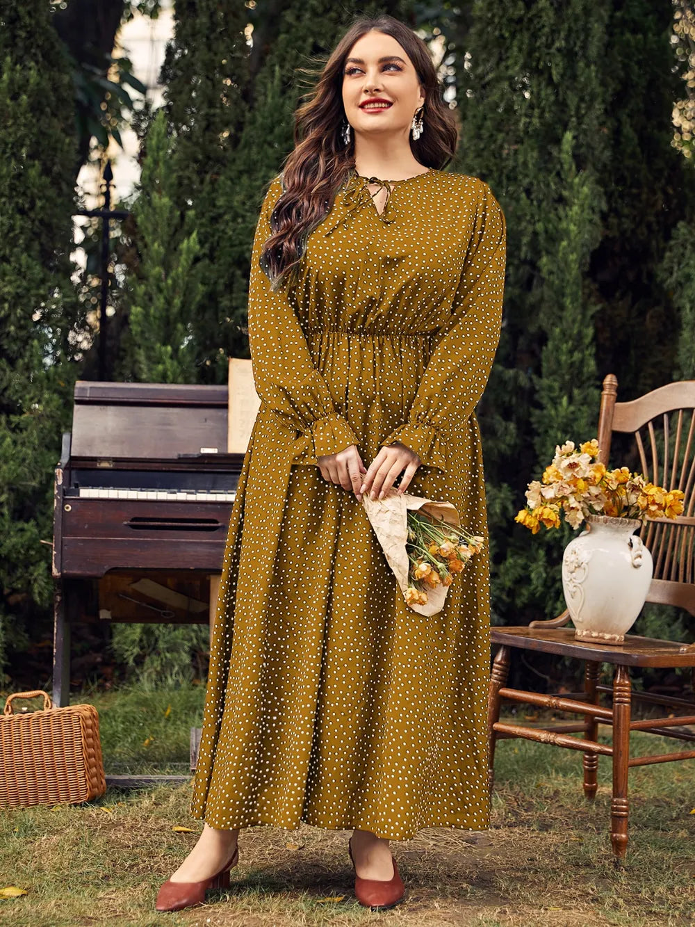 Honey Plus Size Ruffled Polka Dot Long Sleeve Midi Dress Navy / 0XL