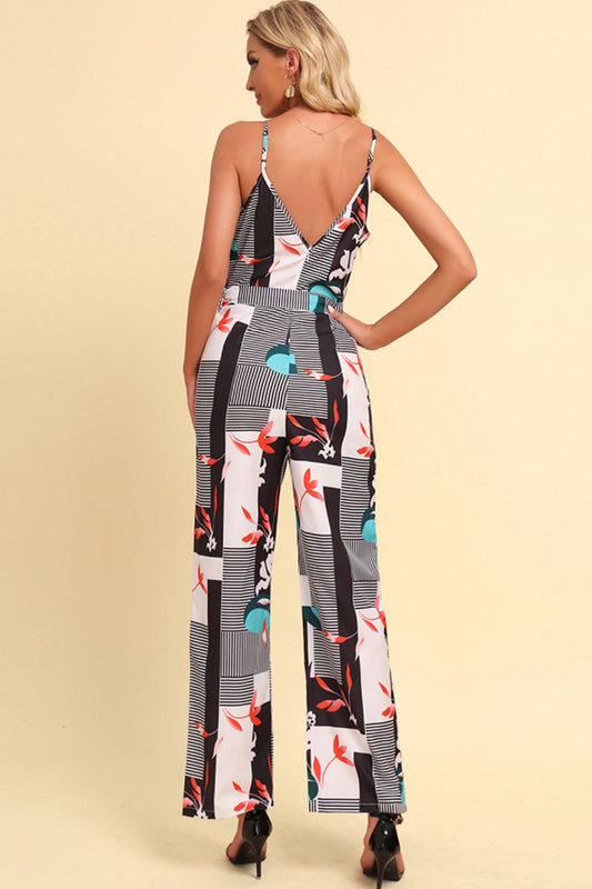 Printed Spaghetti Strap Tied Jumpsuit White / S