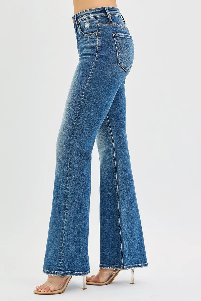 RISEN Full Size Tummy Control High Rise Flare Jeans Plus Size DARK / 0