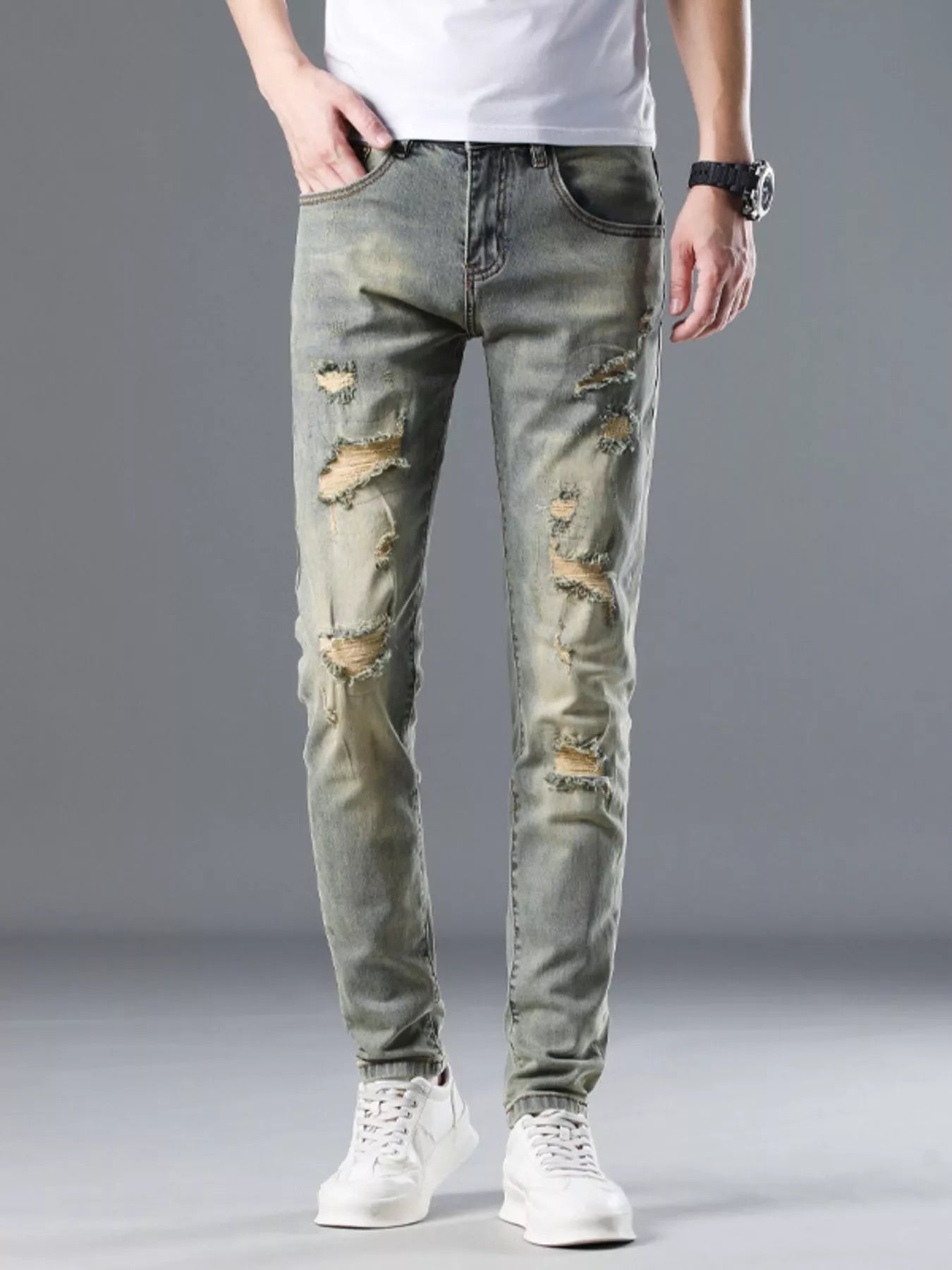 Men's Distressed Slim Fit Jeans Vintage Yellow / 28