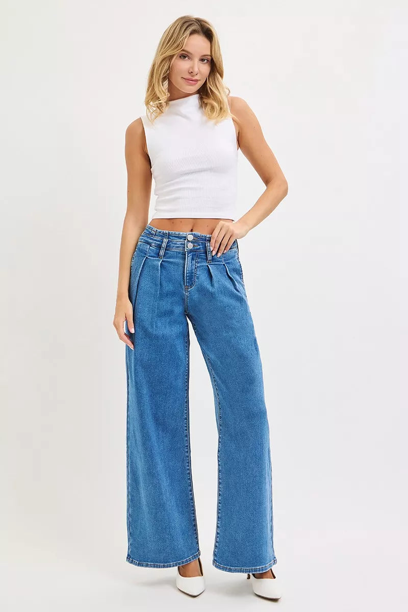 RISEN Full Size Mid Rise Fit Wide Leg with Pleated Detail Jeans Plus Size MEDIUM / 0