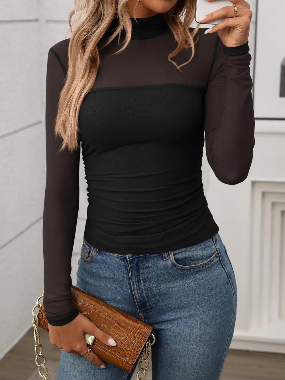Mock Neck Long Sleeve Top Black / S
