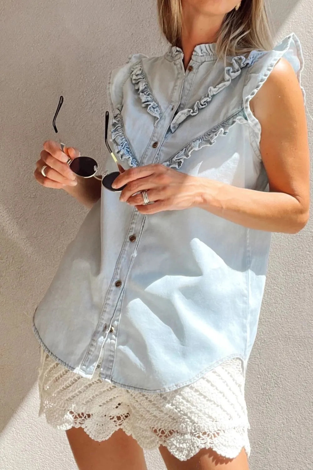 Frill Button Down Ruffled Cap Sleeve Denim Top Light Blue / S