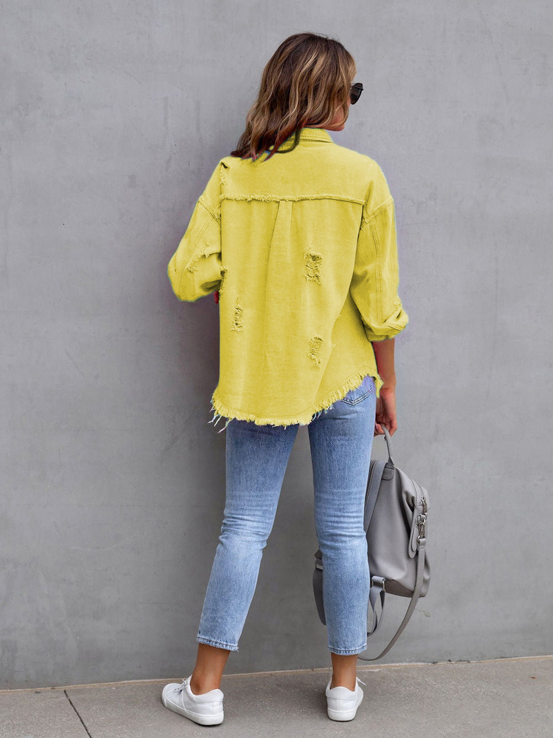 Distressed Drop Shoulder Denim Jacket Fuchsia Pink / S