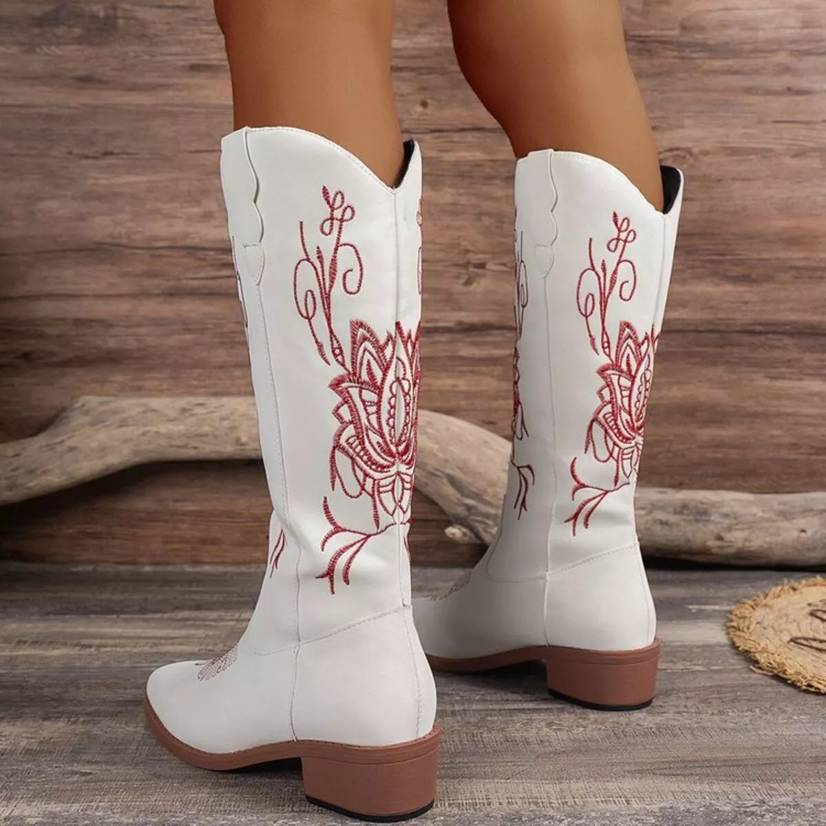 Embroidered Block Heels Boots White / 36