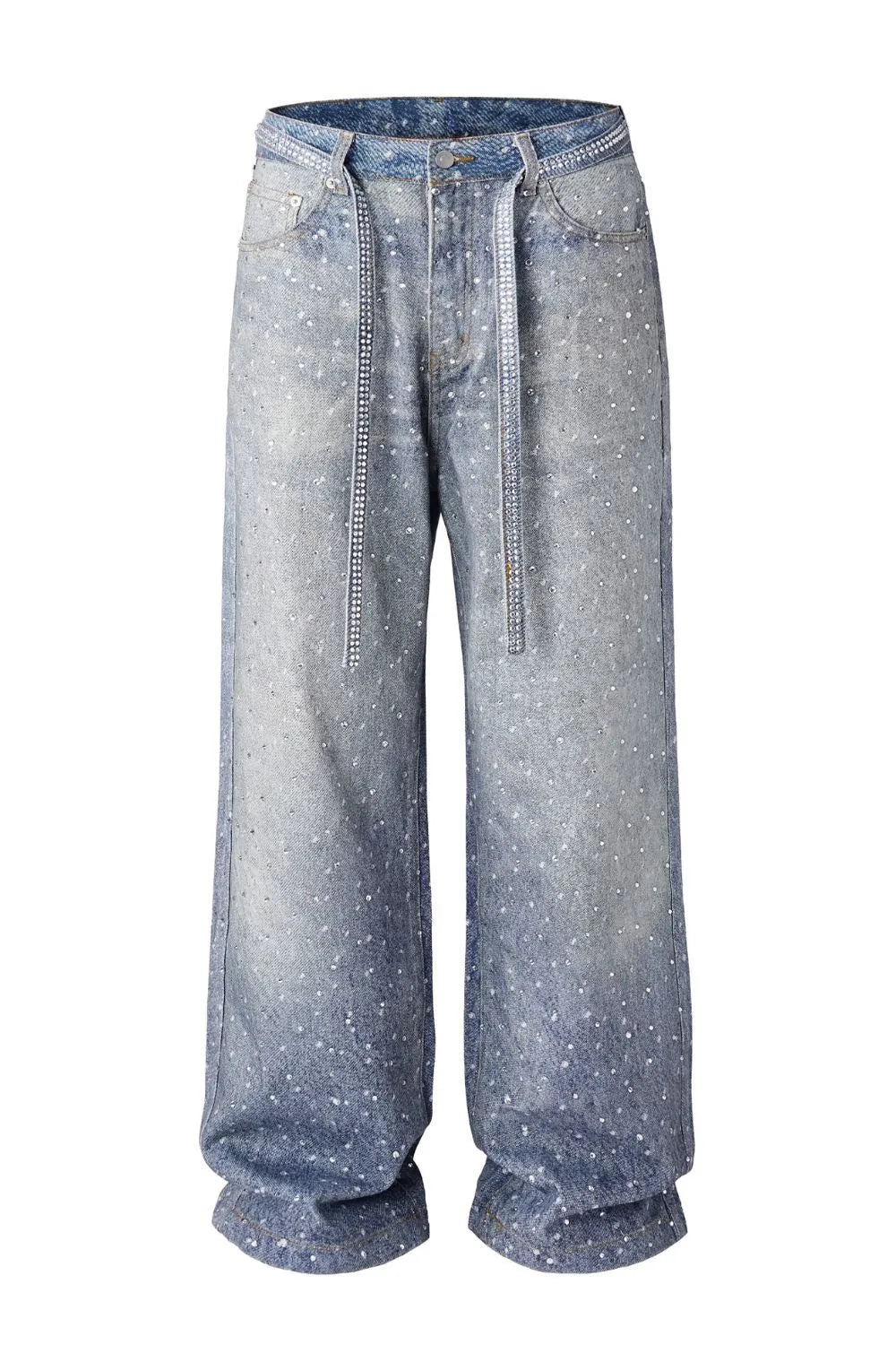 Men's Washed Rhinestone Jeans with Rhinestone Belt Medium / M