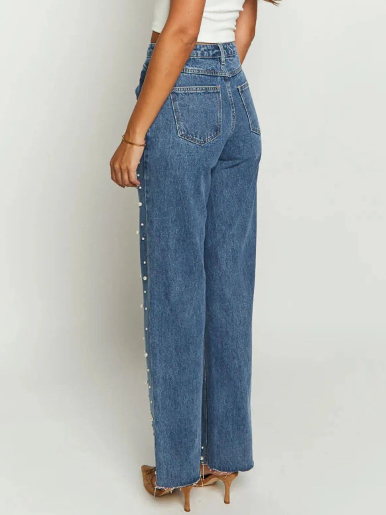 Pearl Embellished High Waist Straight Leg Jeans Blue / XS