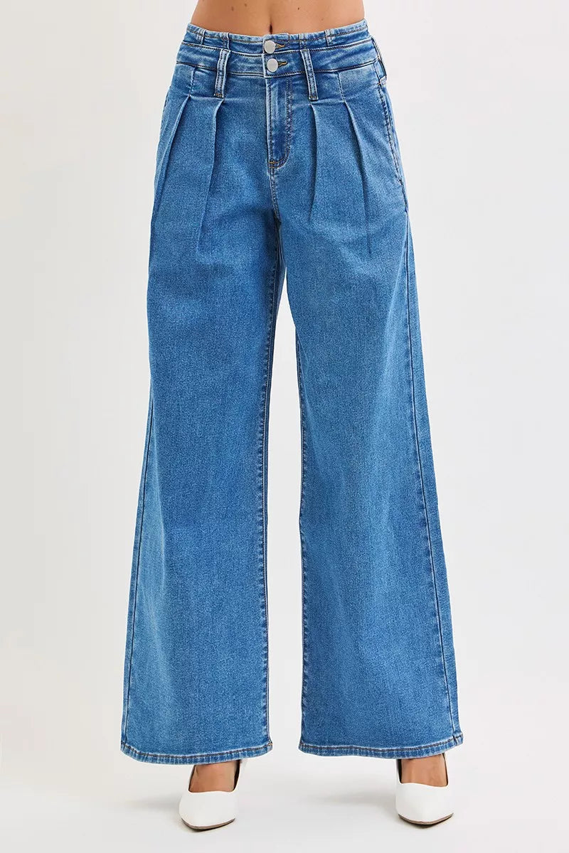 RISEN Full Size Mid Rise Fit Wide Leg with Pleated Detail Jeans Plus Size MEDIUM / 0