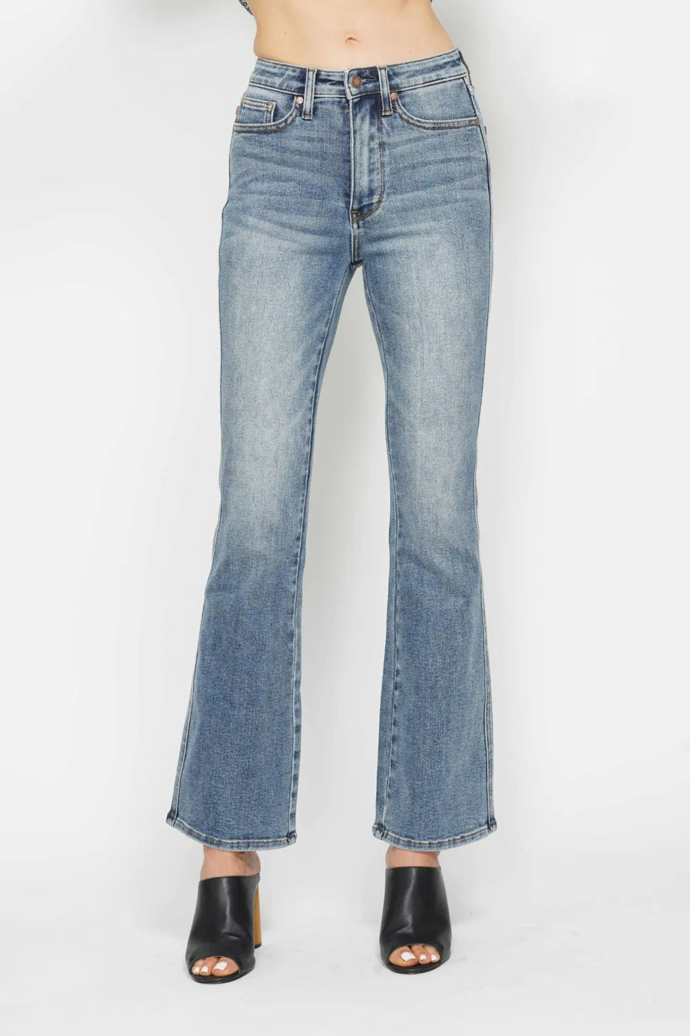 Judy Blue Full Size Tummy Control Back Embroidered Pocketed Bootcut Jeans Plus Size SHORT INSEAM / 0/24
