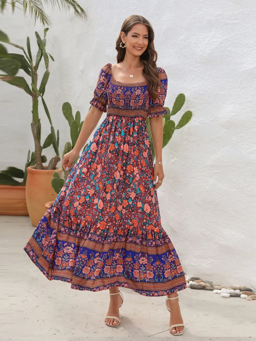 Floral Flounce Sleeve Midi Dress Caramel / S