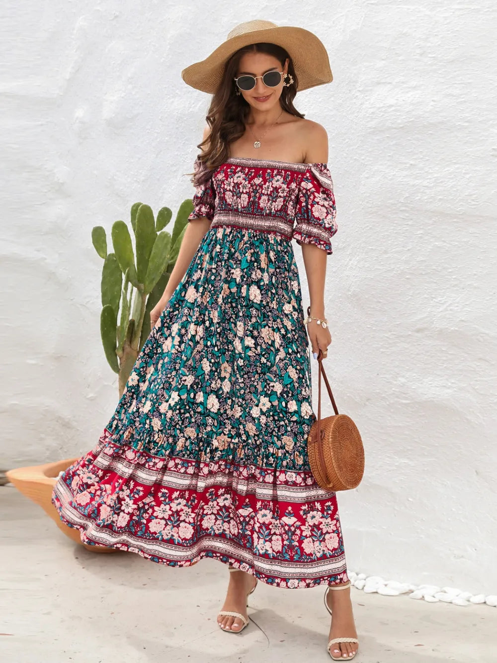 Floral Flounce Sleeve Midi Dress Caramel / S