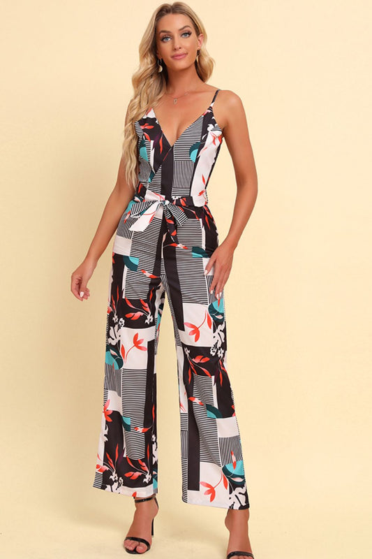 Printed Spaghetti Strap Tied Jumpsuit White / S