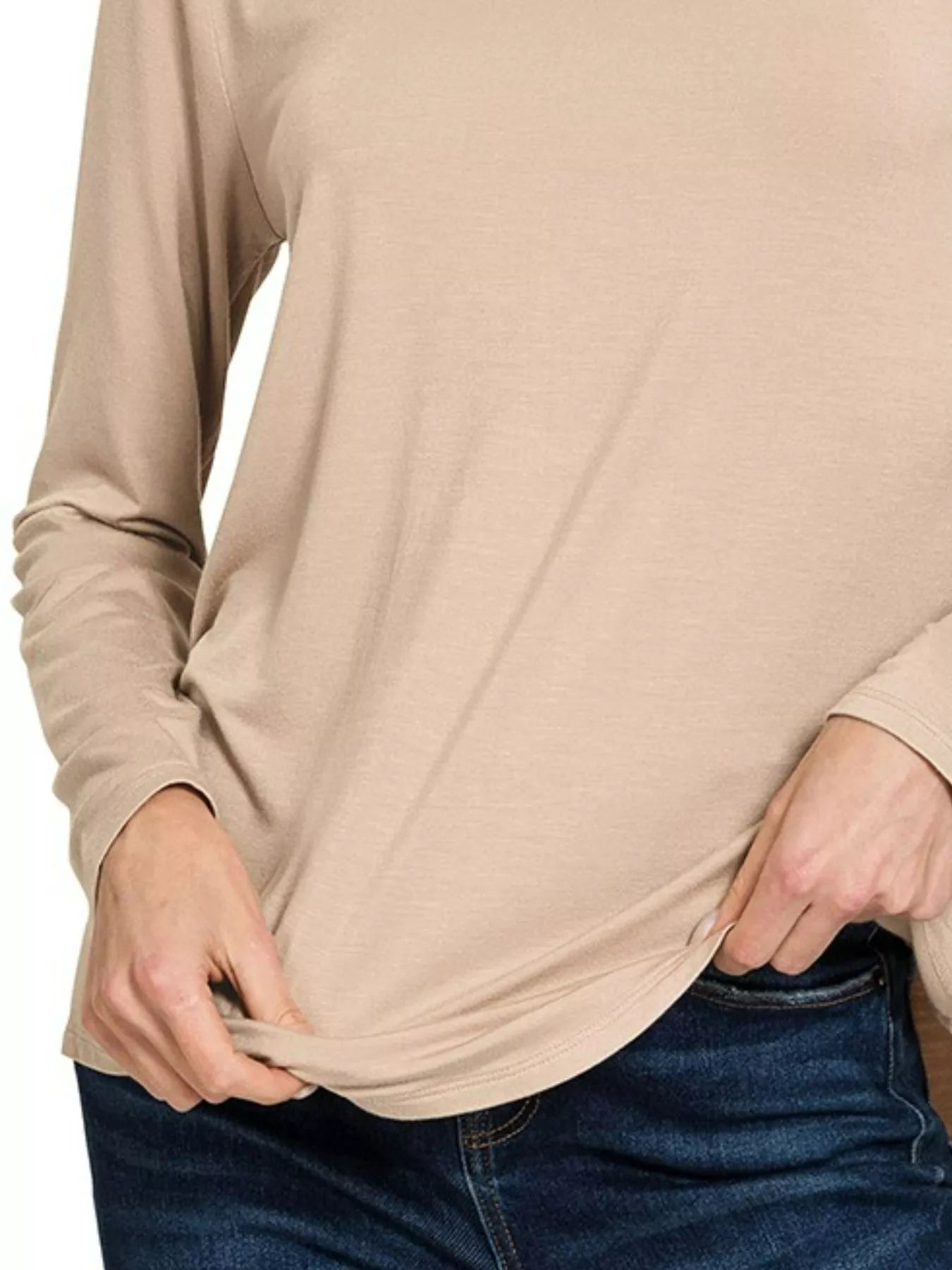 Zenana Flowy Round Hem Rayon Long Sleeve Top ASH MOCHA / S