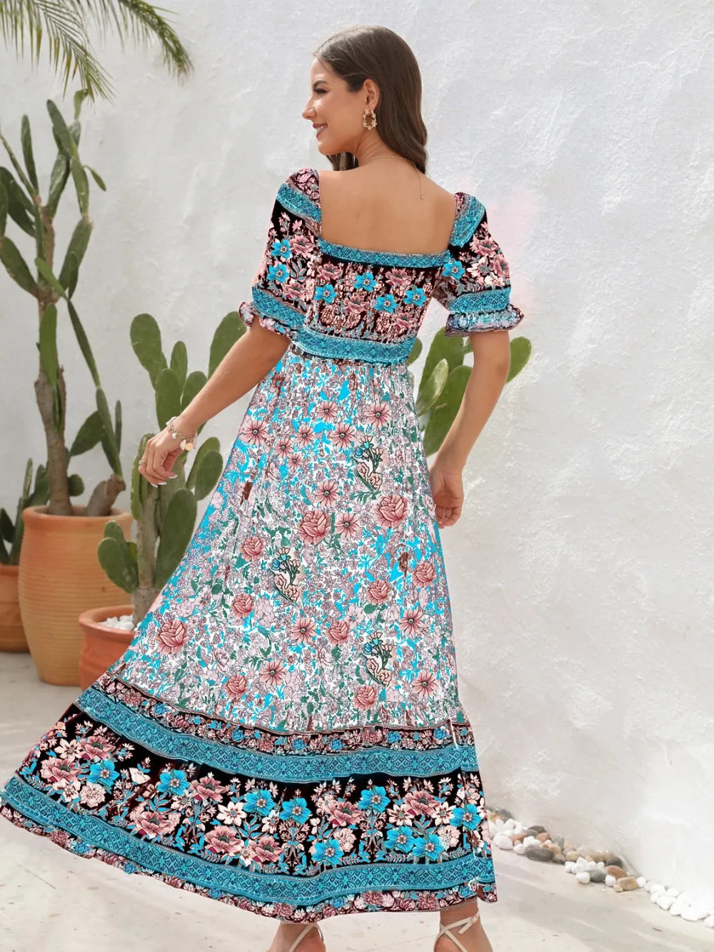 Floral Flounce Sleeve Midi Dress Caramel / S