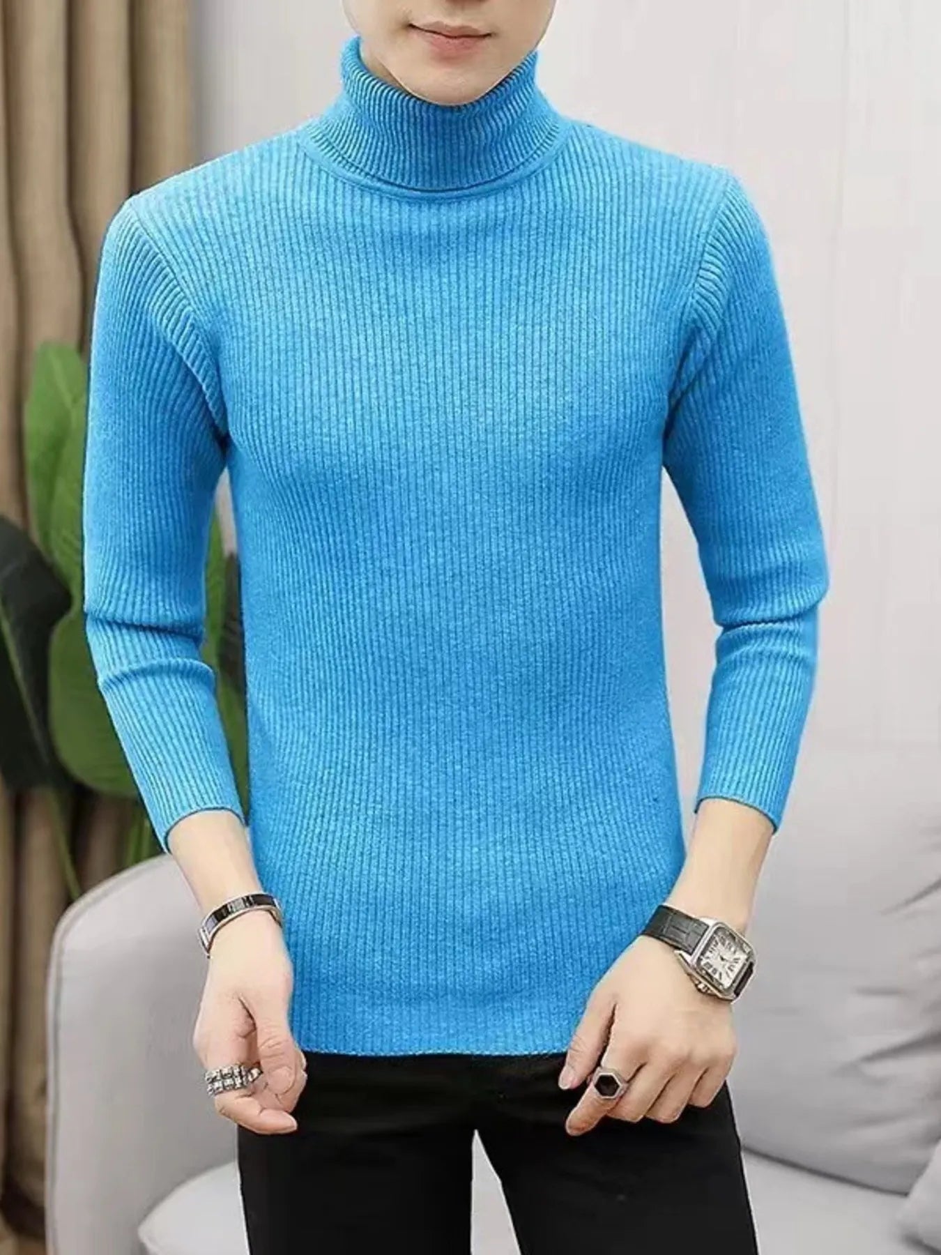 Men's Plus Size Ribbed Turtleneck Long Sleeve Sweater Black / M