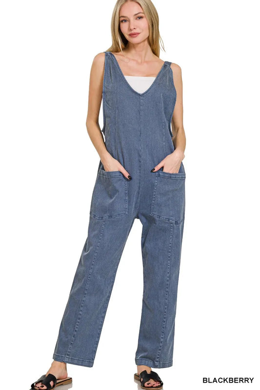 Zenana Casual Adjustable Strap Baggy Jumpsuit With Pocket BLACKBERRY / S