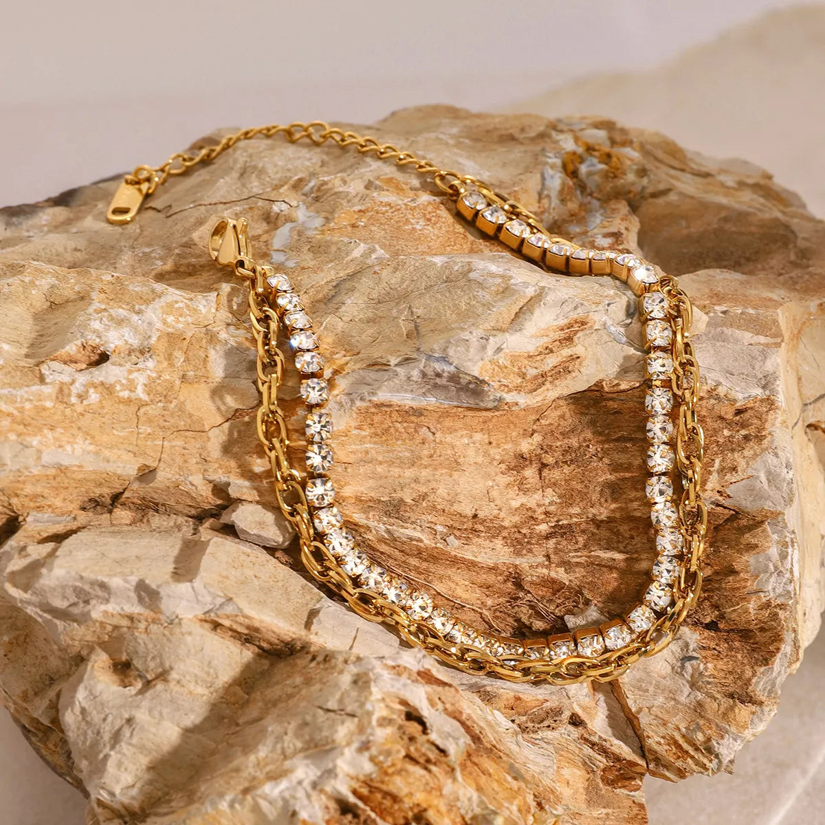 18K Gold-Plated Rhinestone Double Layered Bracelet Gold / One Size